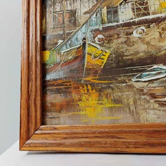 Vintage Original Oil Painting Harbor Scene & Boats Wood Frame Signed Bloom 21x17 - Picture 3 of 8